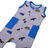 LIGHT GREY FULL BODY SLEEVE LESS DINO WITH ROYAL BLUE POCKETS PRINTED ROMPER