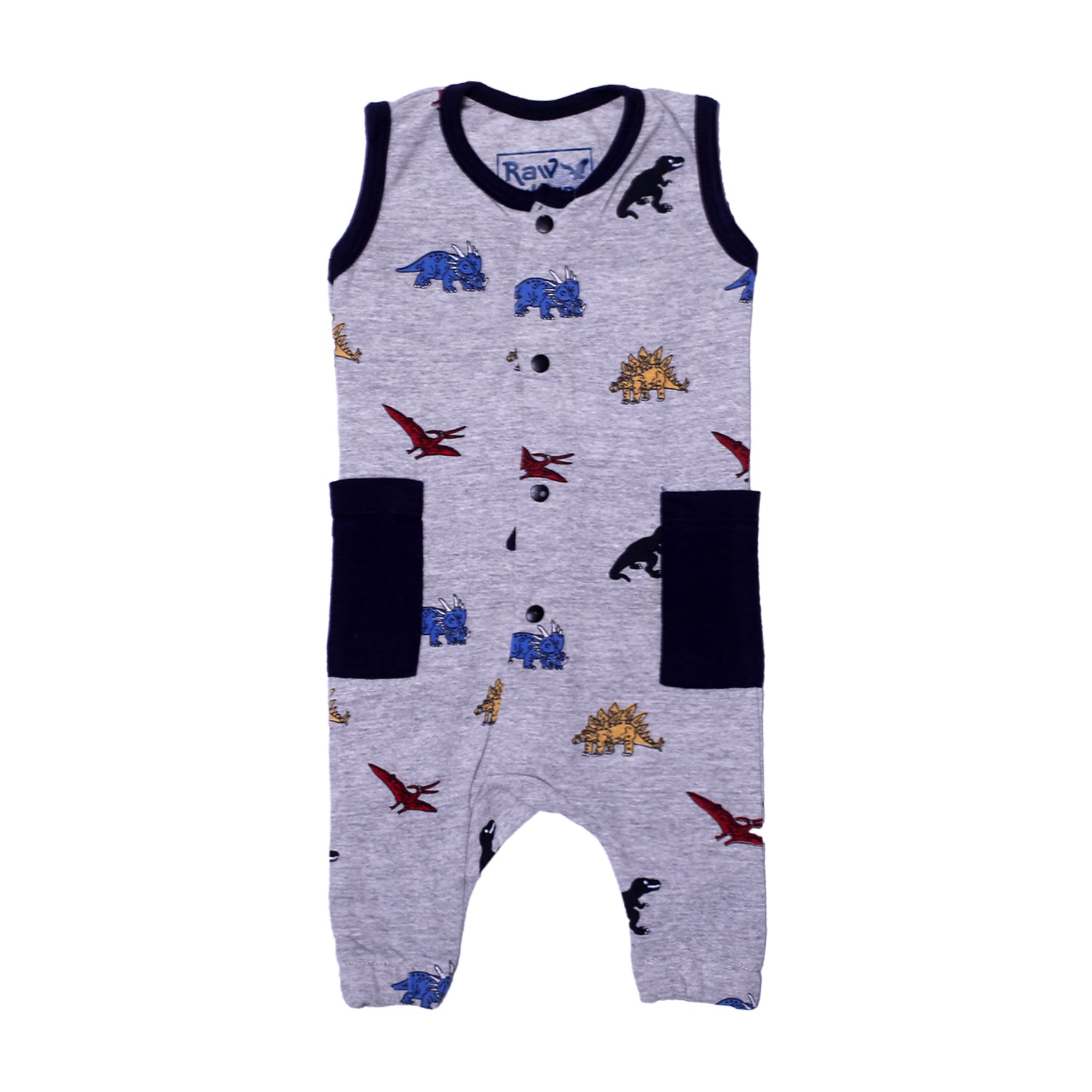 LIGHT GREY FULL BODY SLEEVE LESS DINO WITH NAVY BLUE POCKETS PRINTED ROMPER