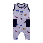 Load image into Gallery viewer, LIGHT GREY FULL BODY SLEEVE LESS DINO WITH NAVY BLUE POCKETS PRINTED ROMPER
