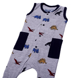 LIGHT GREY FULL BODY SLEEVE LESS DINO WITH NAVY BLUE POCKETS PRINTED ROMPER