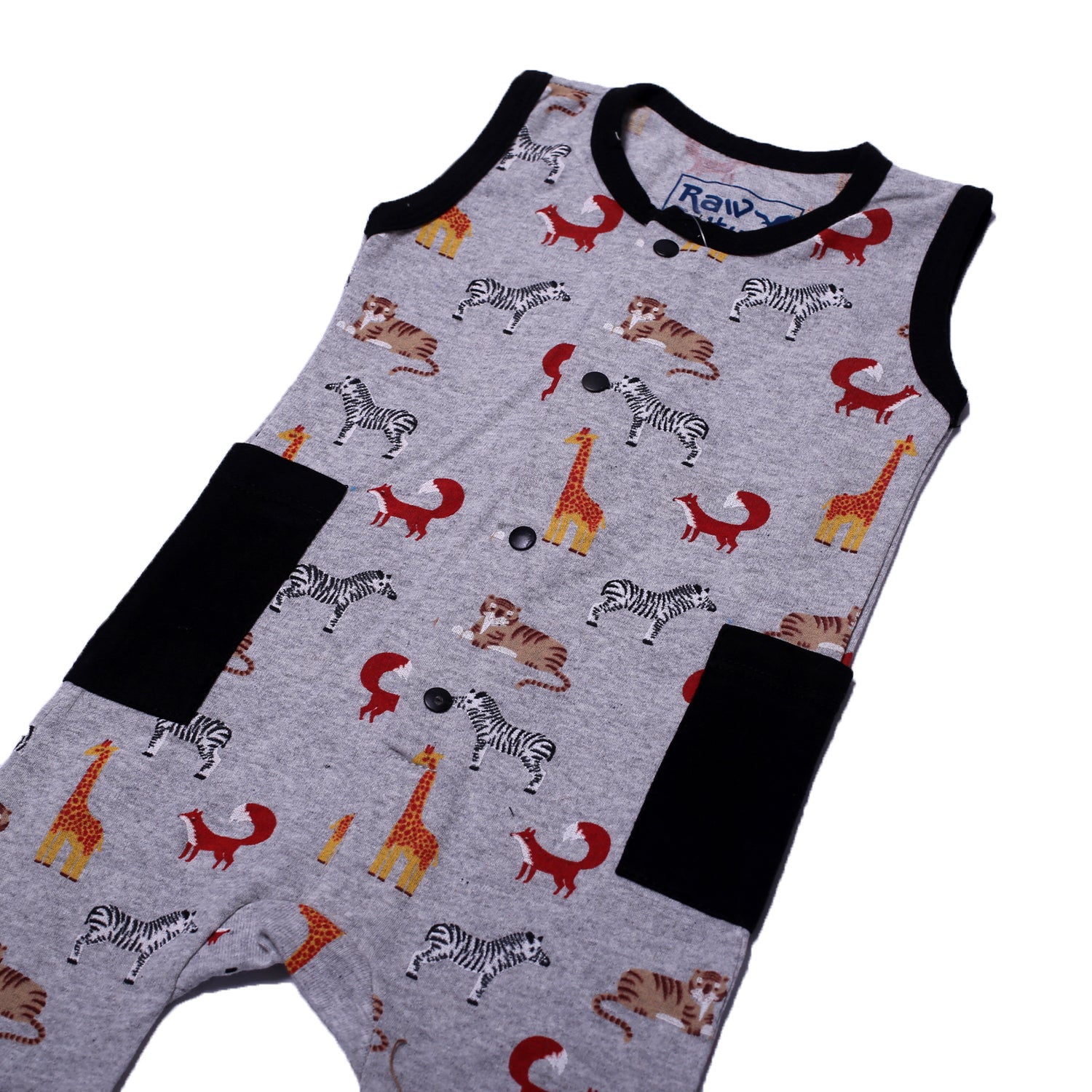 LIGHT GREY FULL BODY SLEEVE LESS ANIMALS WITH POCKETS PRINTED ROMPER