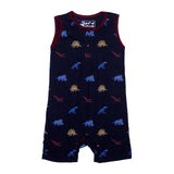 NAVY BLUE FULL BODY SLEEVE LESS DINO WITH OUT POCKETS PRINTED ROMPER