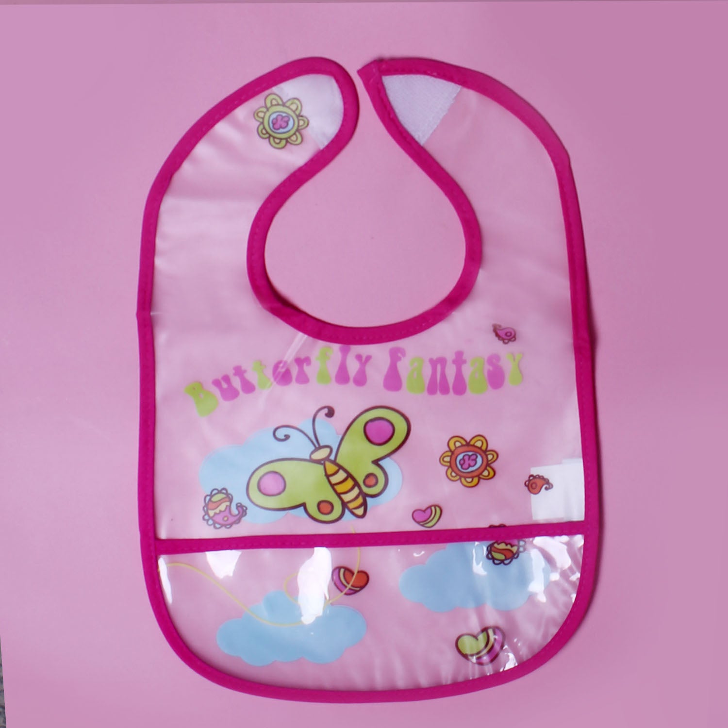NEW PINK WITH POCKET PLASTIC BUTTERFLY FLOWER PRINTED BIB FOR BABIES