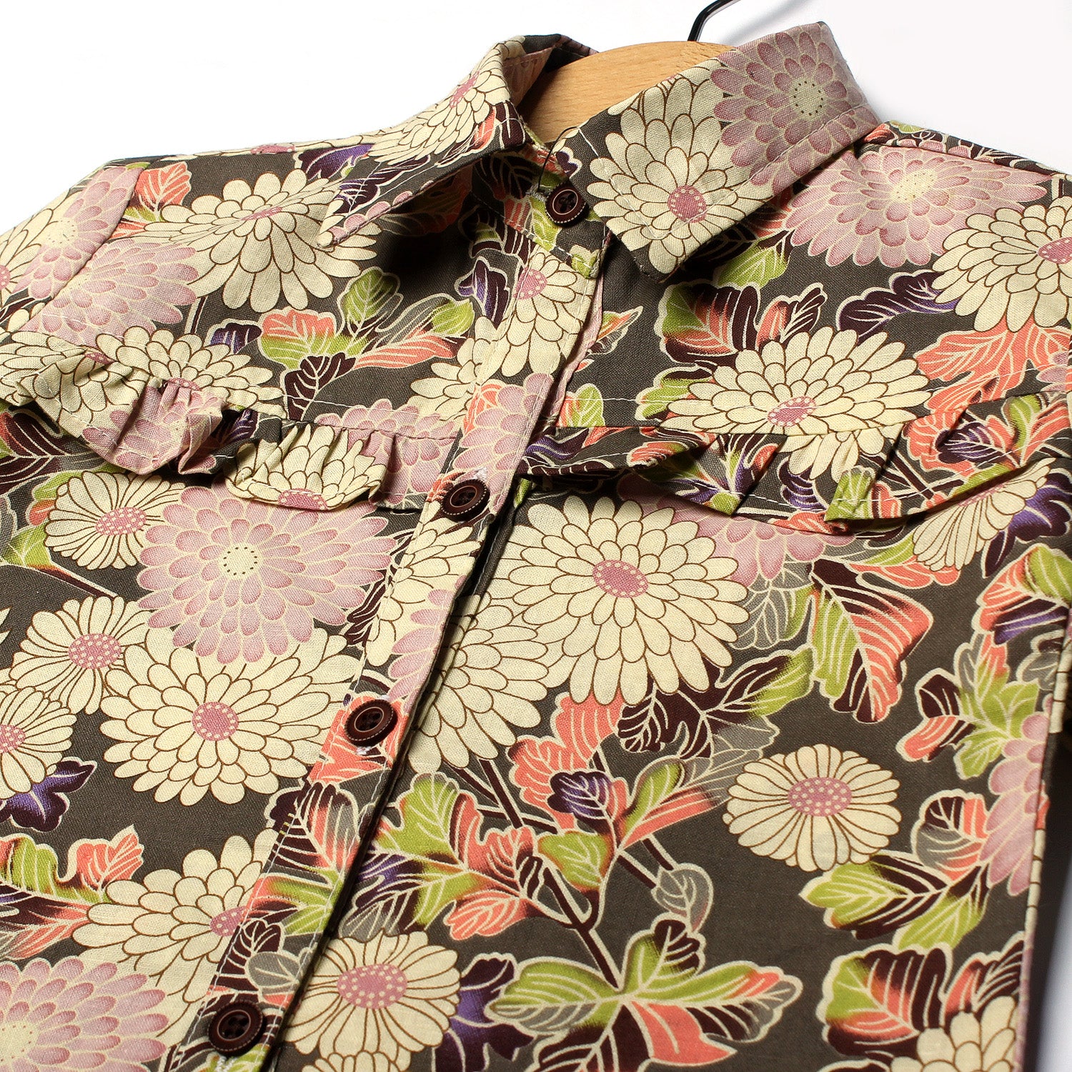 OFF WHITE BIG FLOWER PRINTED CASUAL SHIRT FOR GIRLS