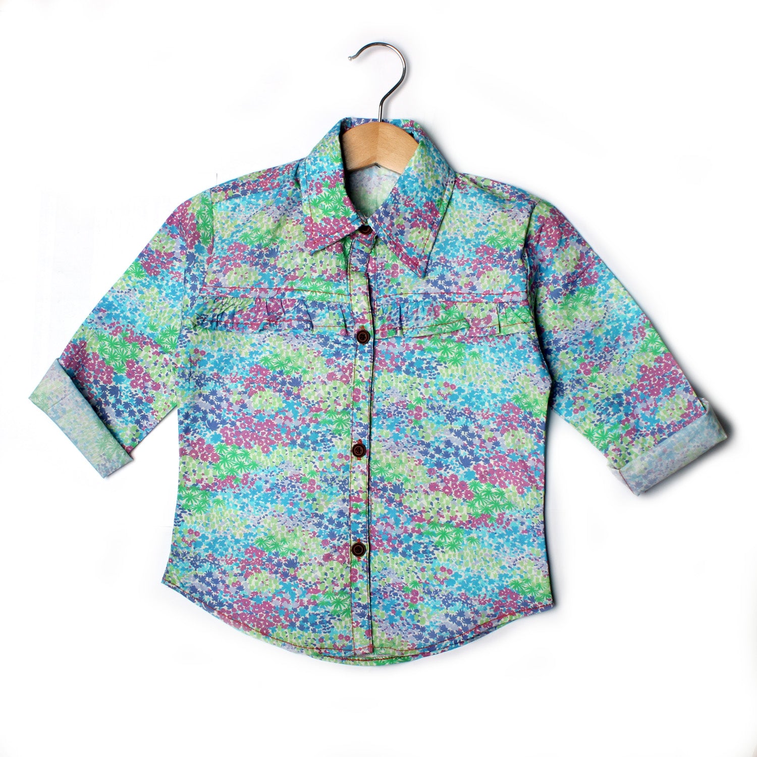 BLUE & GREEN FLOWER PRINTED CASUAL SHIRT FOR GIRLS