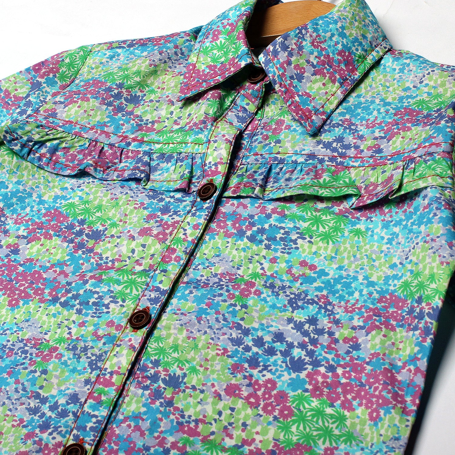 BLUE & GREEN FLOWER PRINTED CASUAL SHIRT FOR GIRLS