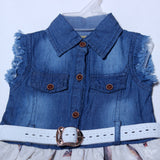 NEW BLUE DOUBLE POCKET WITH BELT & CREAM FROCK FOR GIRLS