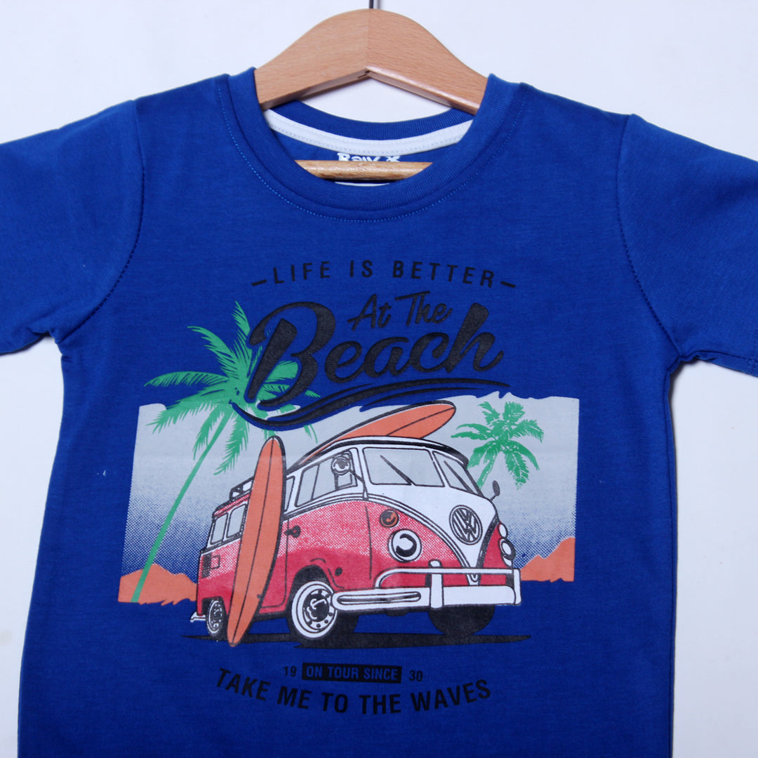 NEW ROYAL BLUE BEACH VAN PRINTED T-SHIRT FOR BOYS