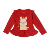 RED FULL SLEEVES RABBIT PRINTED TOP FOR GIRLS
