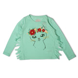 SEA GREEN FULL SLEEVES CAT PRINTED TOP FOR GIRLS