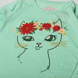 SEA GREEN FULL SLEEVES CAT PRINTED TOP FOR GIRLS