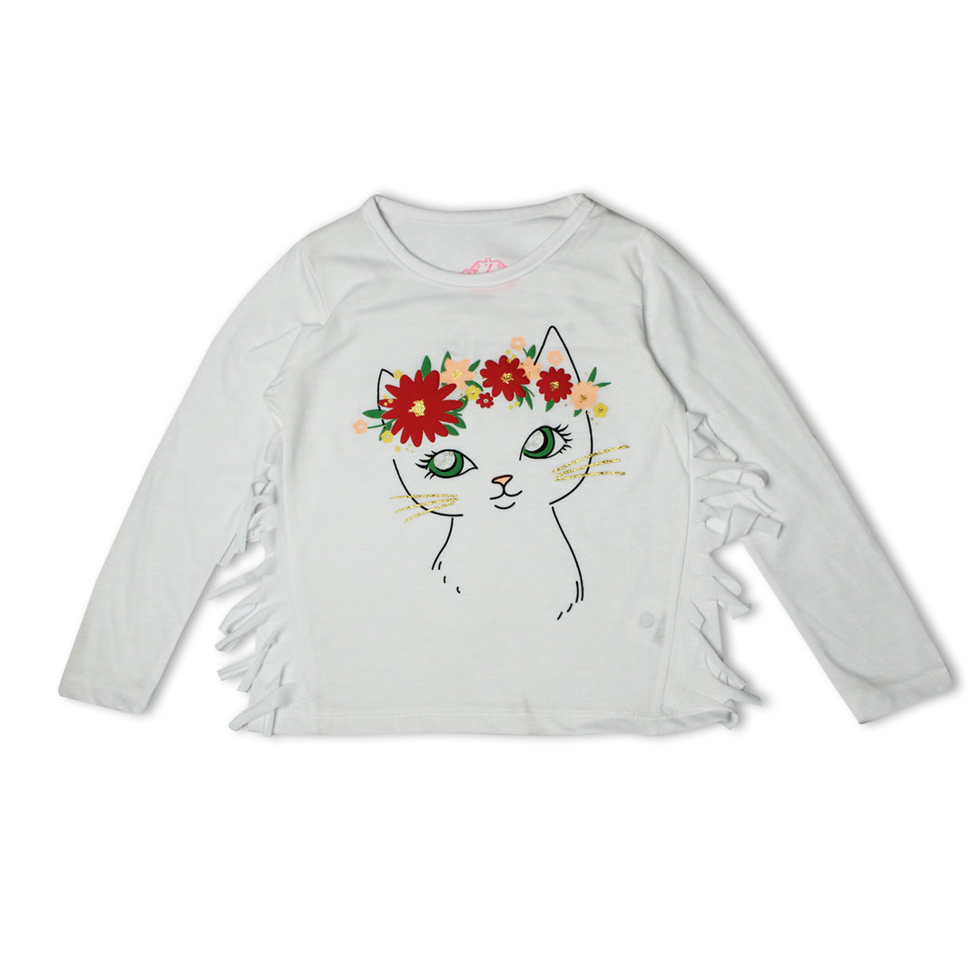 WHITE FULL SLEEVES CAT PRINTED TOP FOR GIRLS