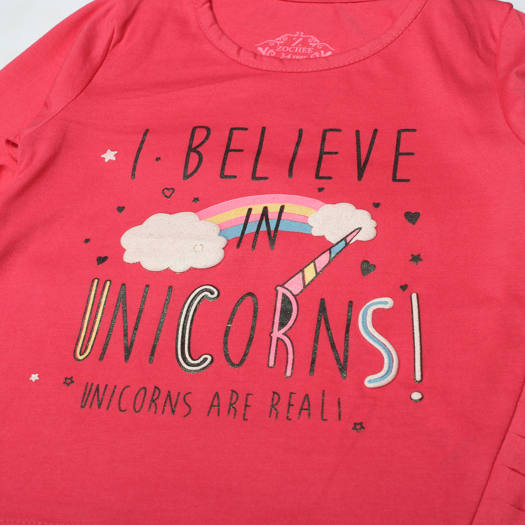 PINK FULL SLEEVES I BELIEVE UNICORNS PRINTED TOP FOR GIRLS