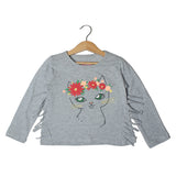 GREY FULL SLEEVES CAT PRINTED TOP FOR GIRLS