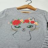 GREY FULL SLEEVES CAT PRINTED TOP FOR GIRLS