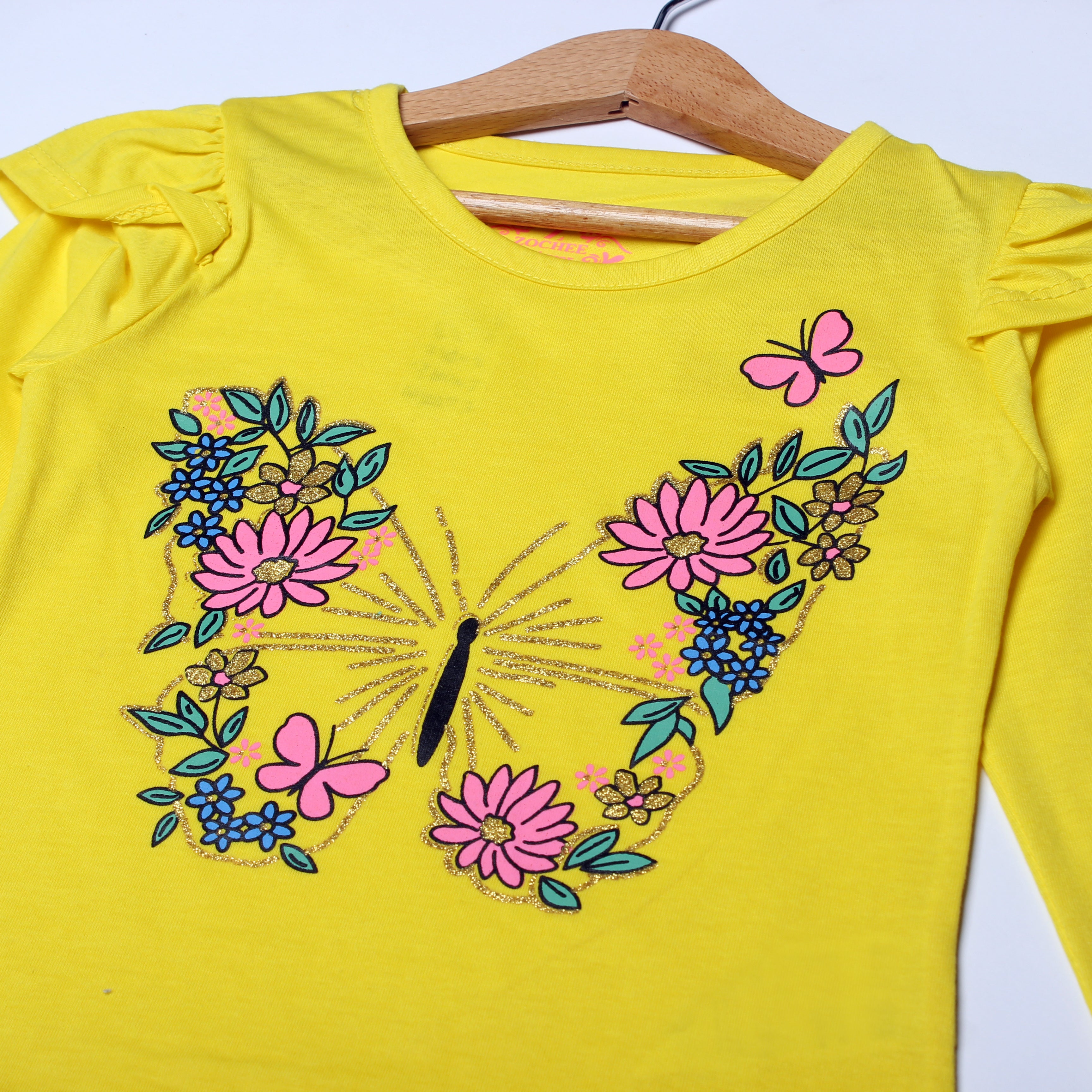 YELLOW FULL SLEEVES BUTTERFLY PRINTED TOP FOR GIRLS