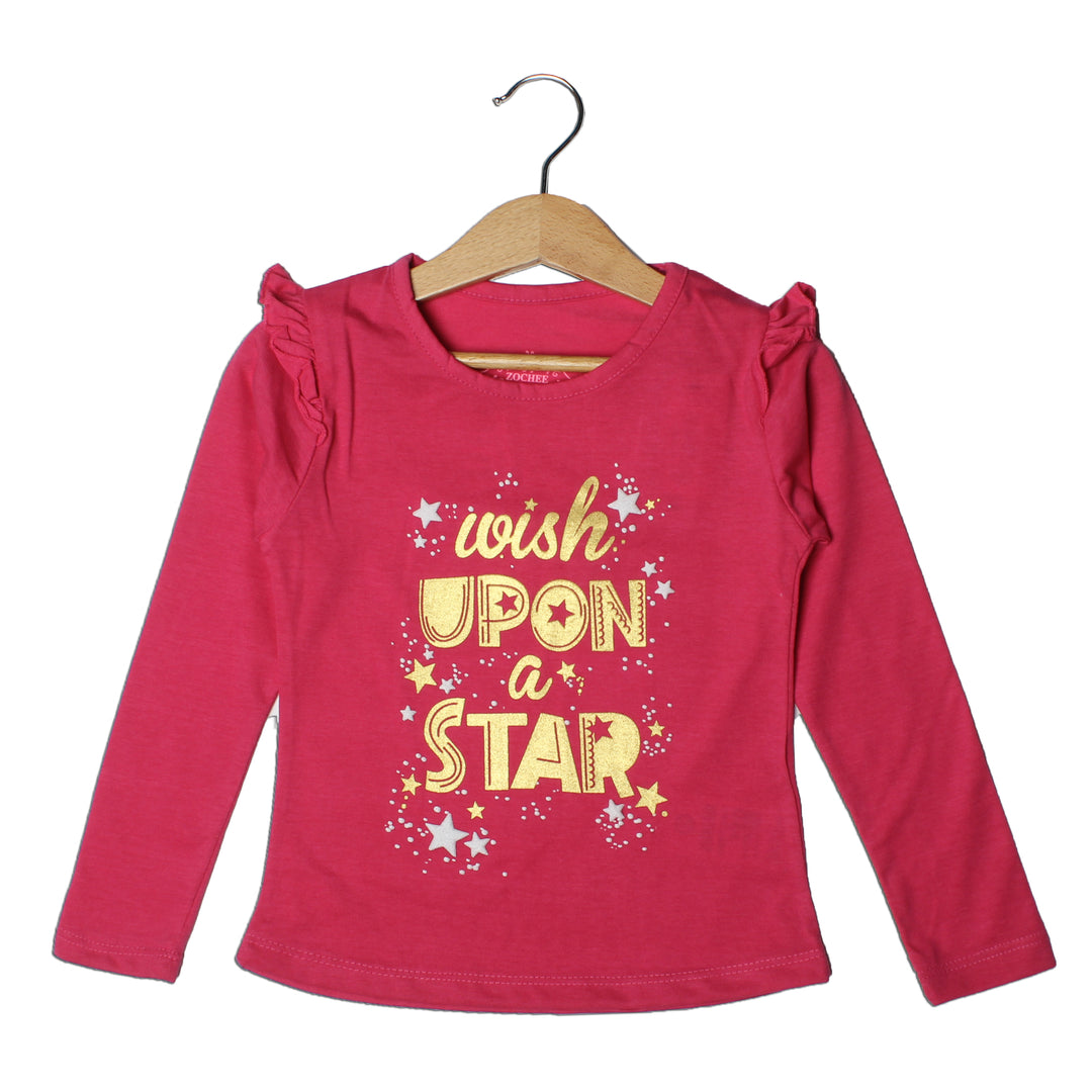 PINK FULL SLEEVES WISH UP ON A STAR PRINTED TOP FOR GIRLS