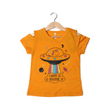 YELLOW I WANT TO BELIEVE SPACE SHIP PRINTED HALF SLEEVES T-SHIRT