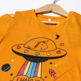 YELLOW I WANT TO BELIEVE SPACE SHIP PRINTED HALF SLEEVES T-SHIRT
