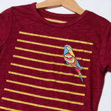 MAROON WITH GOLDEN STRIPES AND PARROT PRINTED T-SHIRT TOP FOR GIRLS