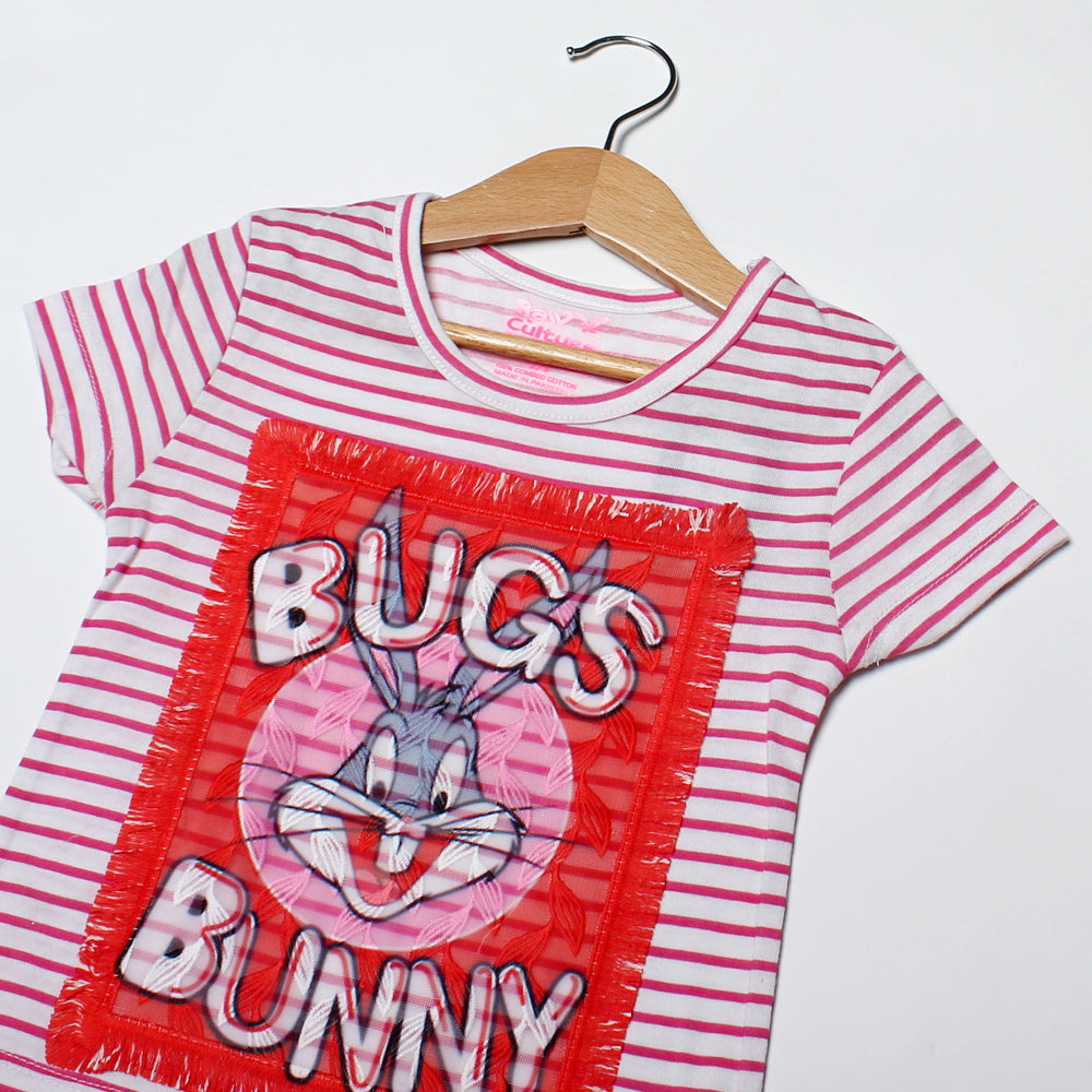 NEW WHITE STRIPES BUGS BUNNY PRINTED HALF SLEEVES T-SHIRT TOP