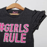 NEW CHARCOAL GREY GIRLS RULE PRINTED HALF SLEEVES T-SHIRT TOP
