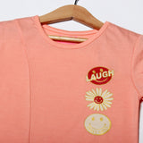 NEW PEACH LAUGH FLOWER & SMILE PRINTED HALF SLEEVES T-SHIRT TOP