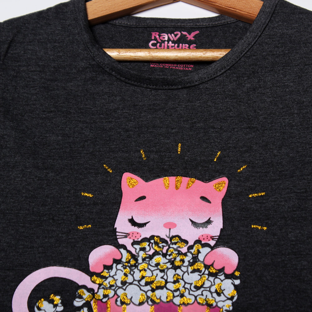 NEW CHARCOAL GREY MEOW CORN PRINTED HALF SLEEVES T-SHIRT TOP Secondary image