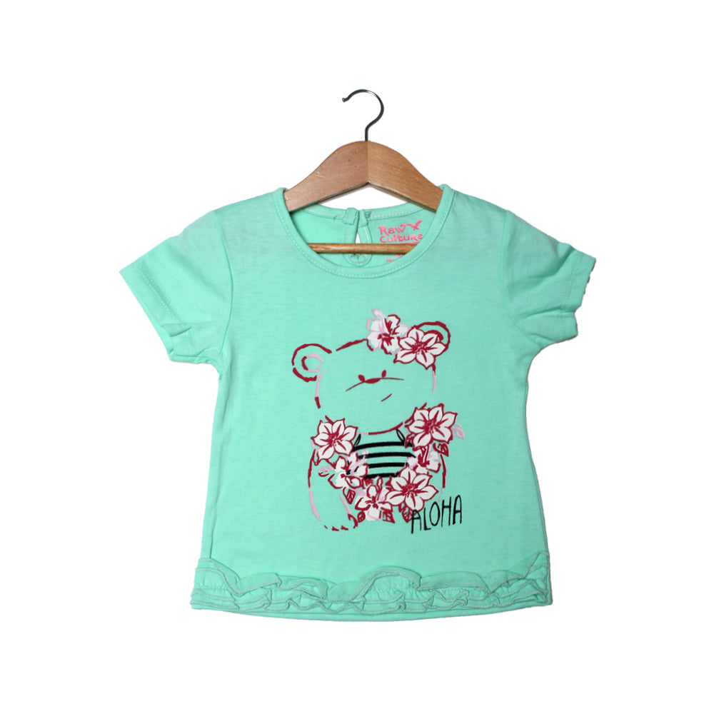NEW SEA GREEN ALOHA BEAR PRINTED HALF SLEEVES T-SHIRT TOP