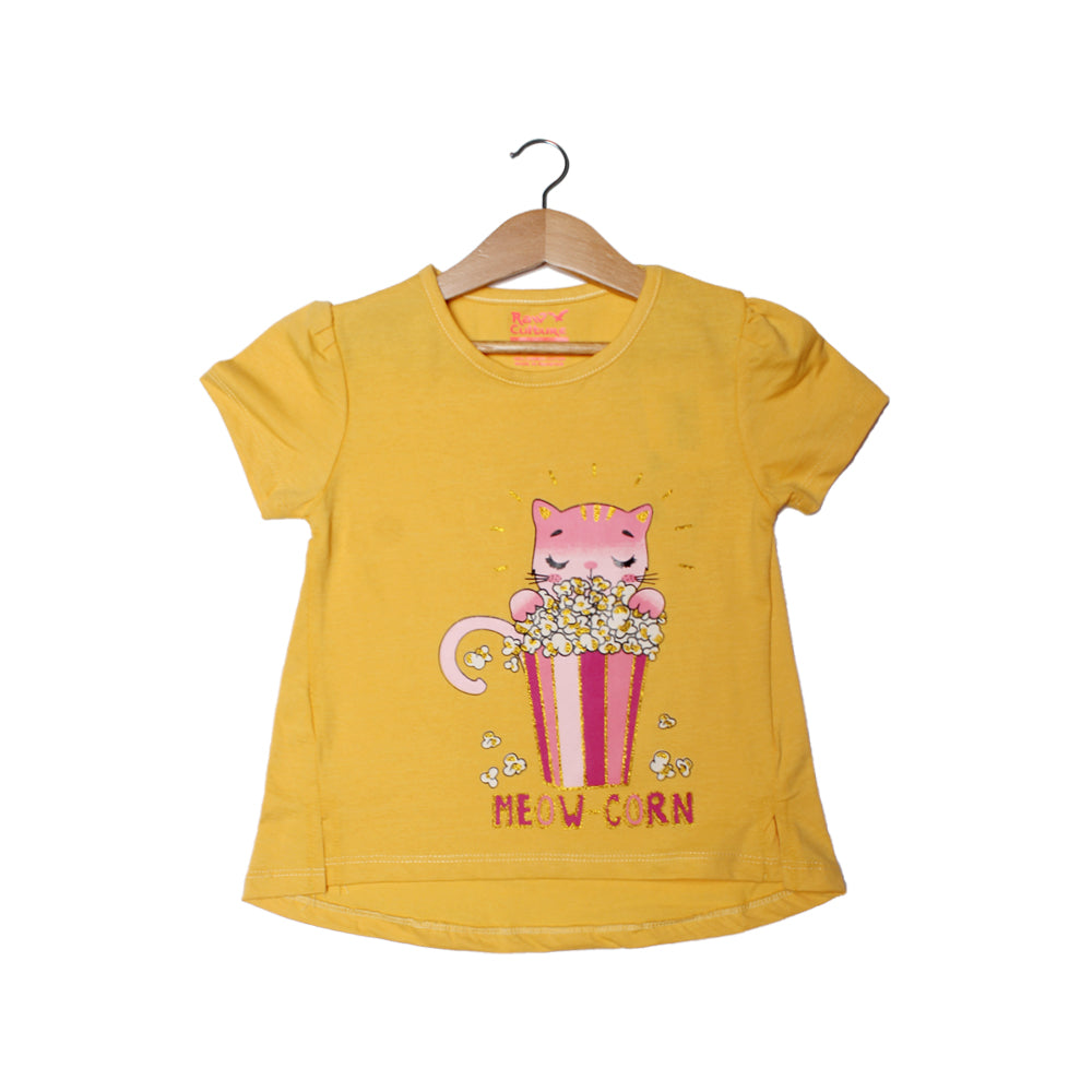 NEW YELLOW MEOW CORN PRINTED HALF SLEEVES T-SHIRT TOP Main image