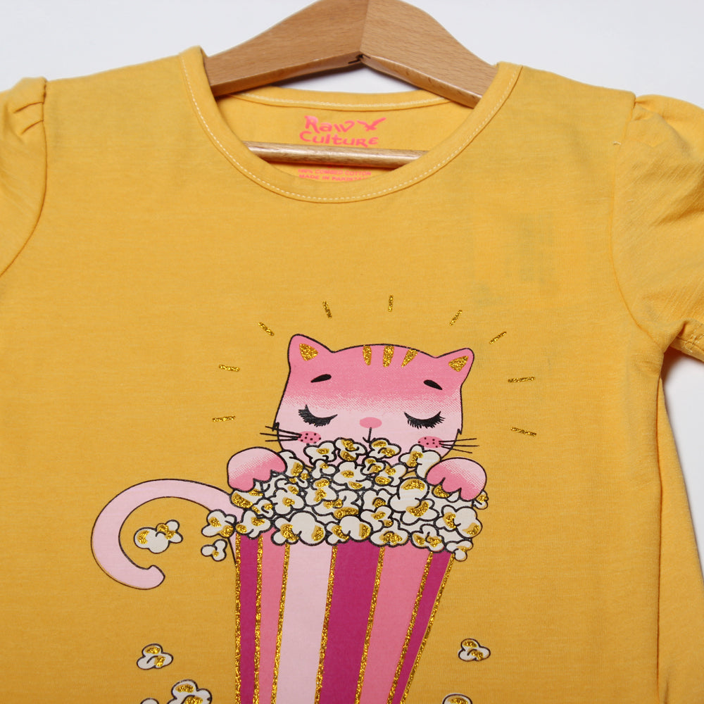 NEW YELLOW MEOW CORN PRINTED HALF SLEEVES T-SHIRT TOP