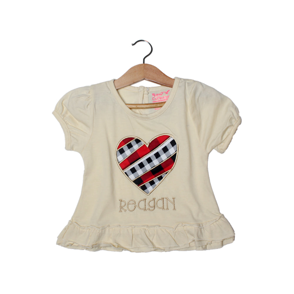 NEW CREAM CHECK HEART PRINTED HALF SLEEVES T-SHIRT TOP