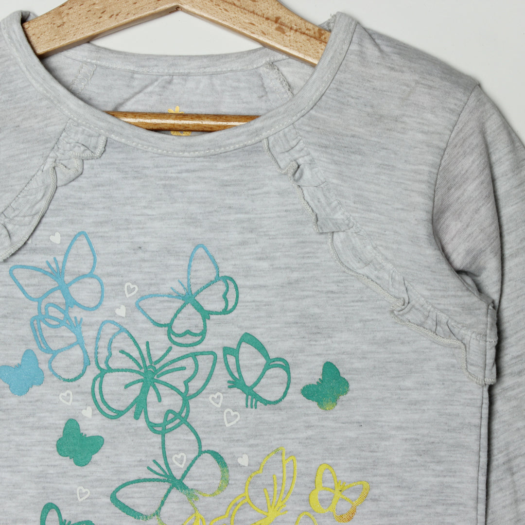 NEW LIGHT GREY BUTTERFLY PRINTED T-SHIRT FOR GIRLS