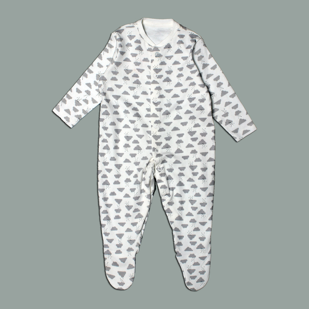 WHITE WITH GREY CLOUDS PRINTED FULL BODY FULL SLEEVES ROMPERS