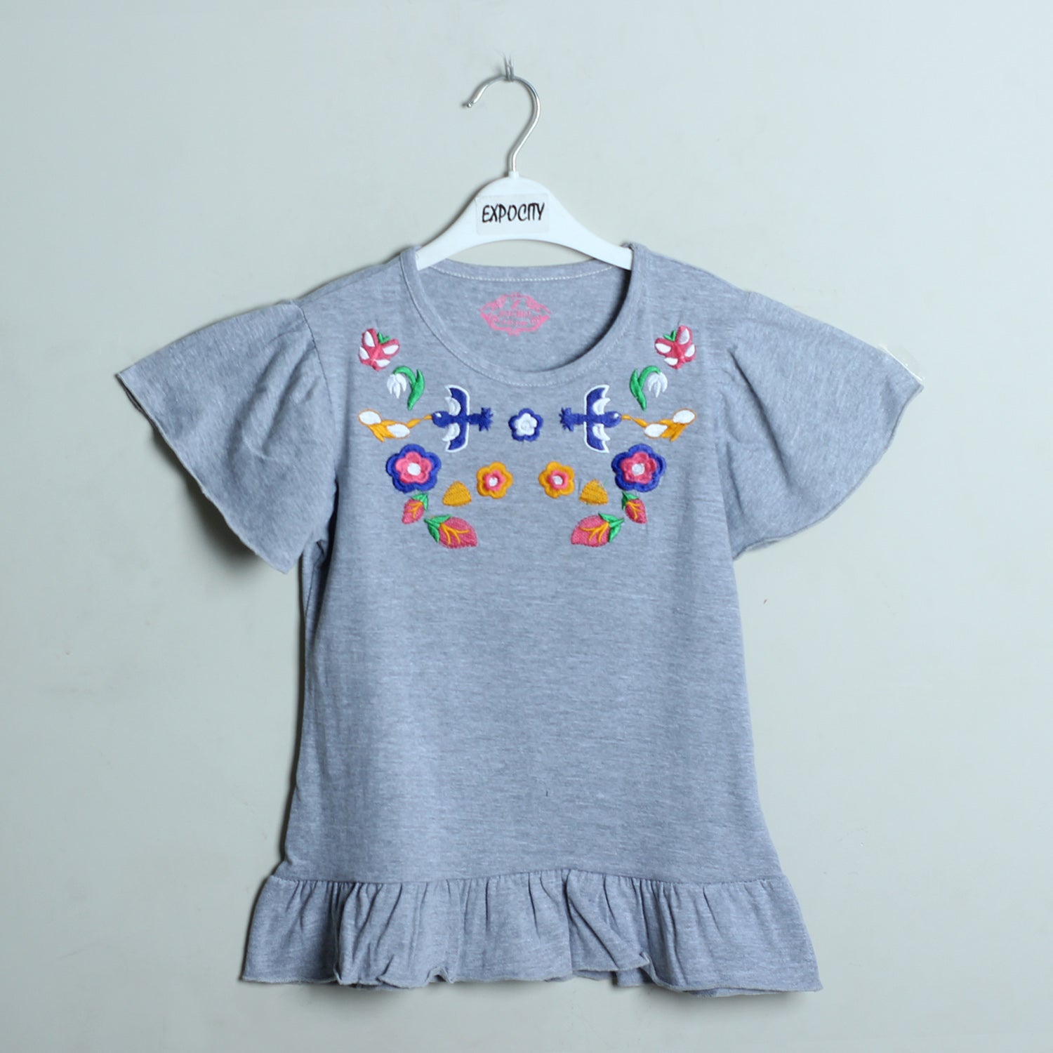 LIGHT GREY Embroided FLOWERS TOP - Expo City
