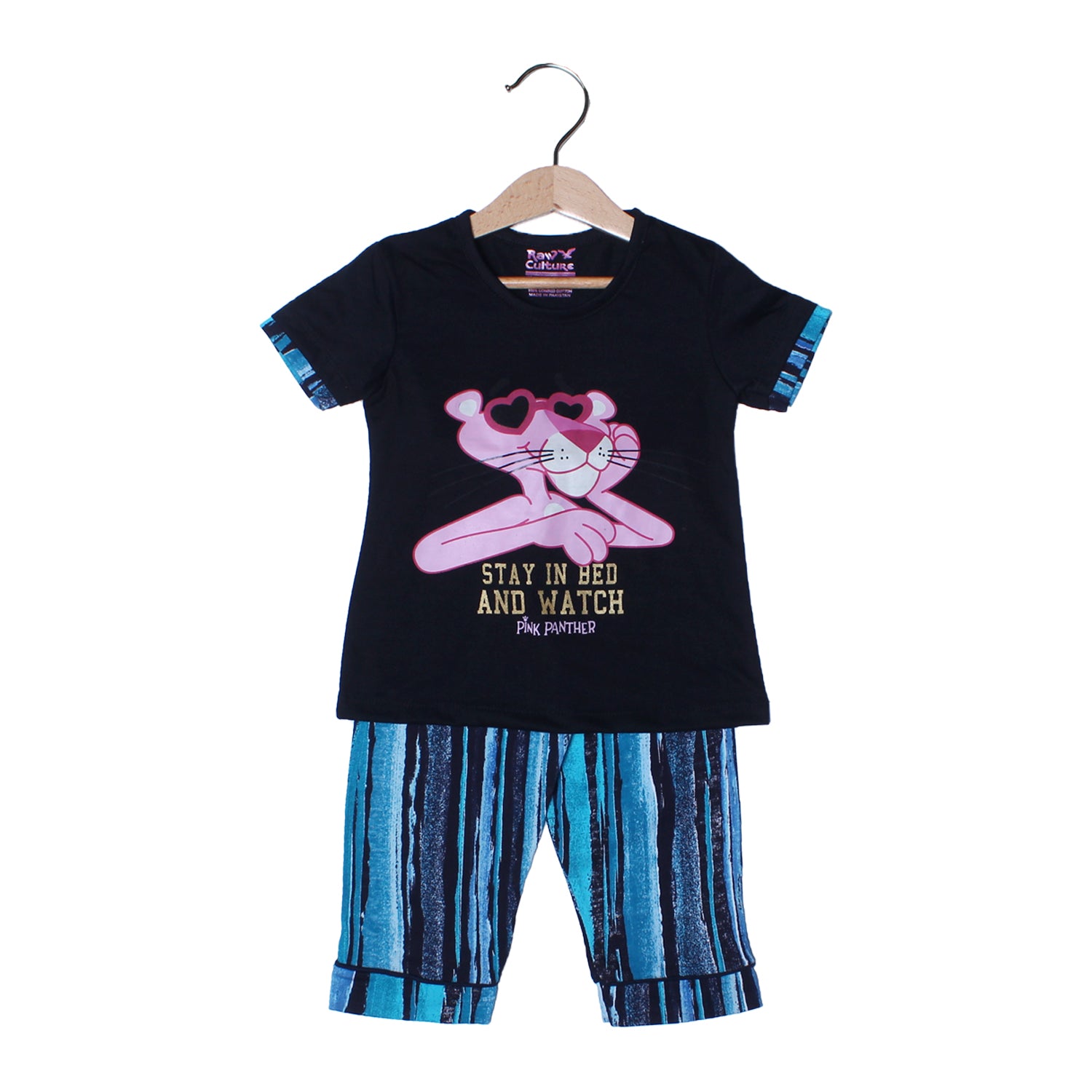 NEW BLACK WITH BLUE TROUSER PINK PANTHER PRINTED SUIT