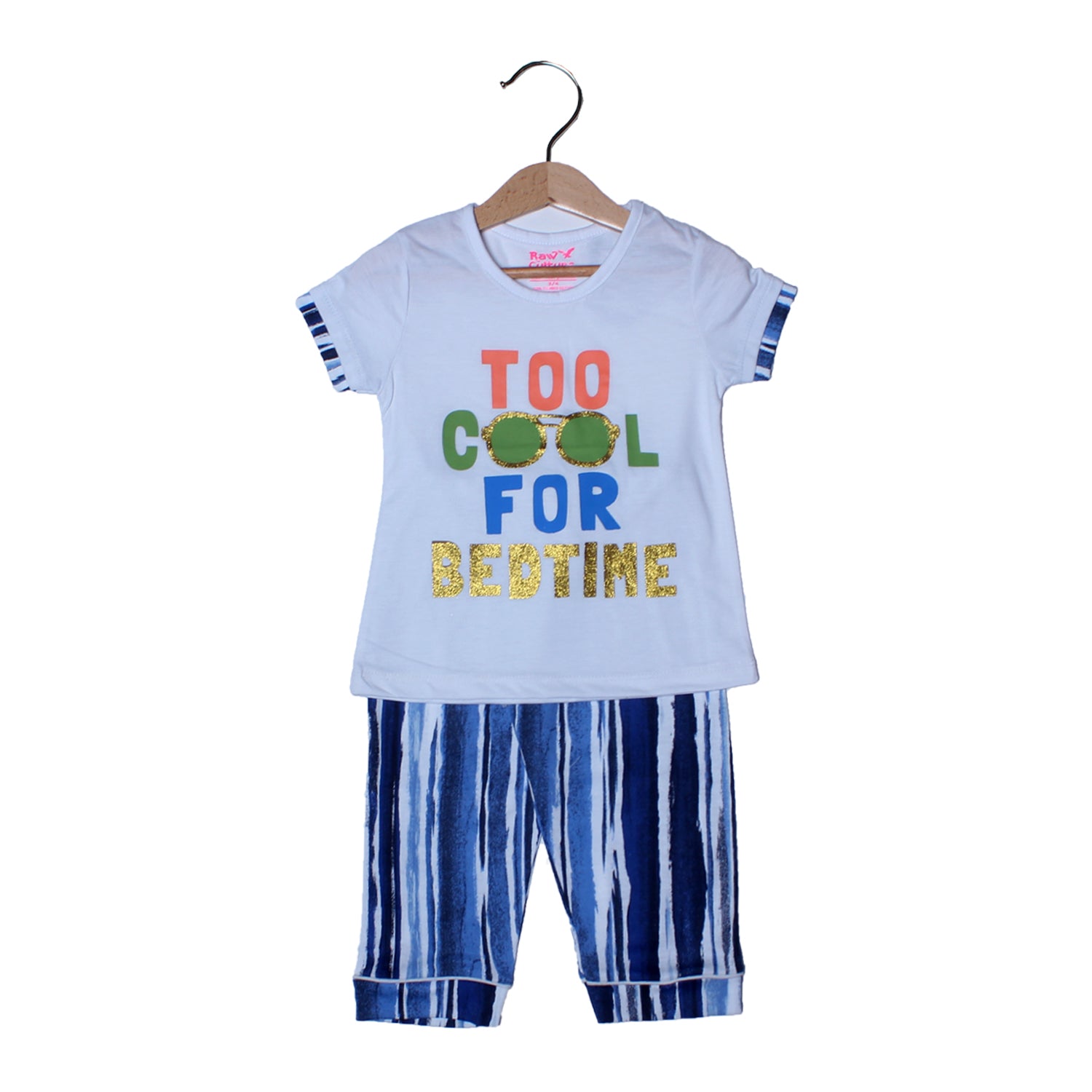 NEW WHITE WITH BLUE TROUSER TOO COOL FOR BEDTIME PRINTED SUIT