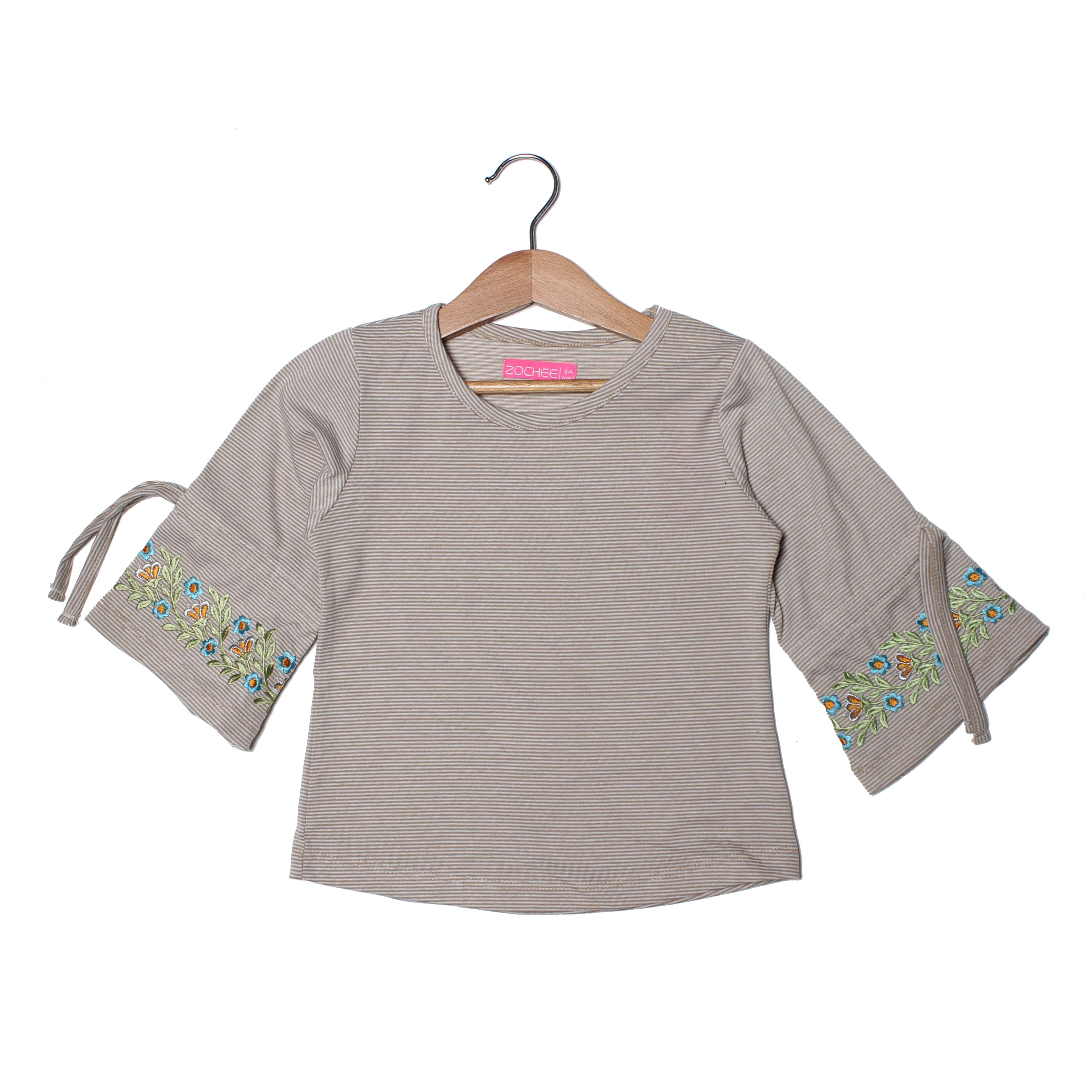 NEW FAWN STRIPES WITH FLOWERS PRINTED T-SHIRT TOP FOR GIRLS