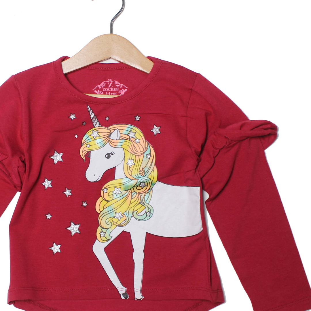 NEW MAROON UNICORN PRINTED T-SHIRT TOP FOR GIRLS